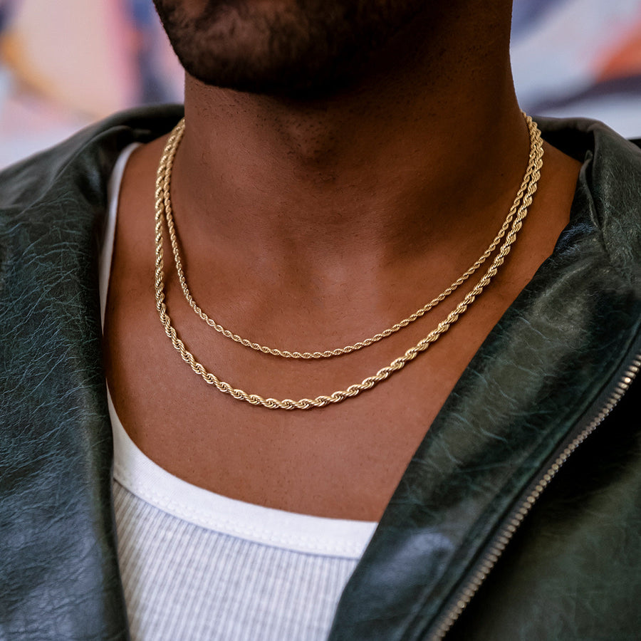 Halat zincir set 2mm+4mm, 14K altın kaplama, 316L paslanmaz çelik, erkek