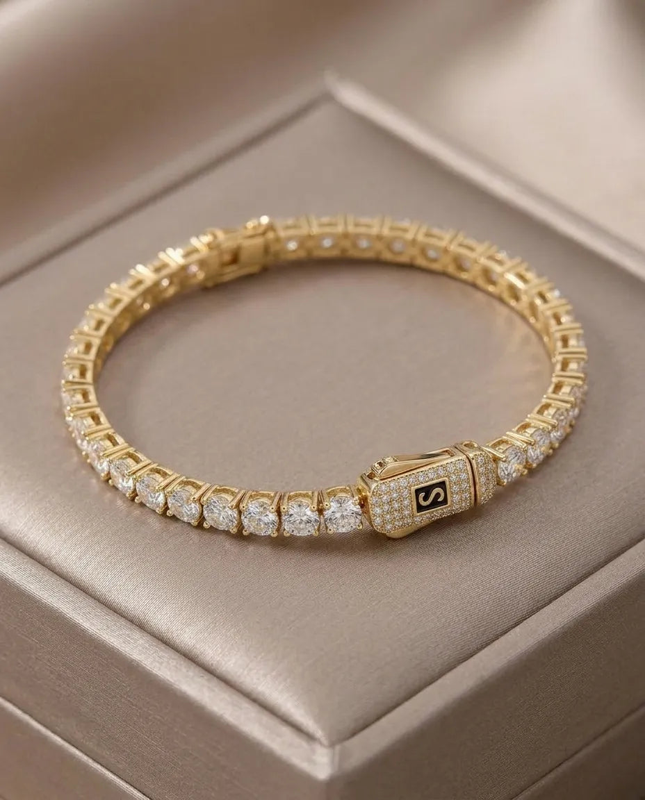 Beyaz Zirkon Taşlı Su Yolu Bileklik 14K Altın Kaplama 316L Çelik 5mm