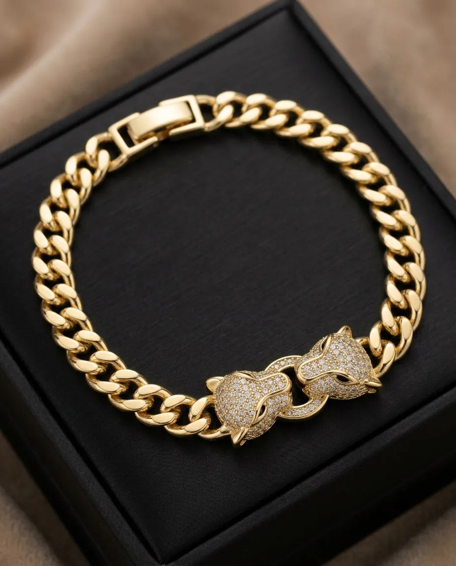 Çift Başlı Panter Zirkon Taş 14K Kaplama 316L Çelik