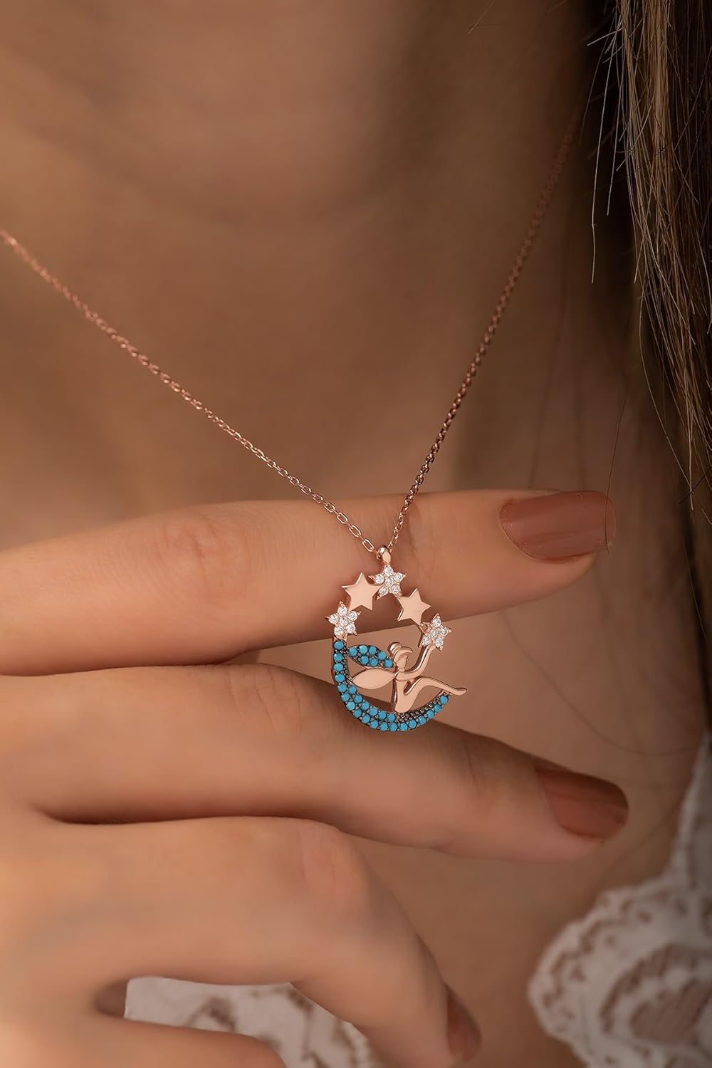 925 Ayar Ay Yıldız Peri Kadın Gümüş Kolye