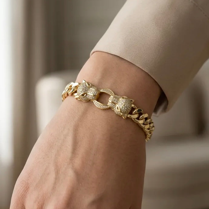 Çift Başlı Panter Zirkon Taş 14K Kaplama 316L Çelik