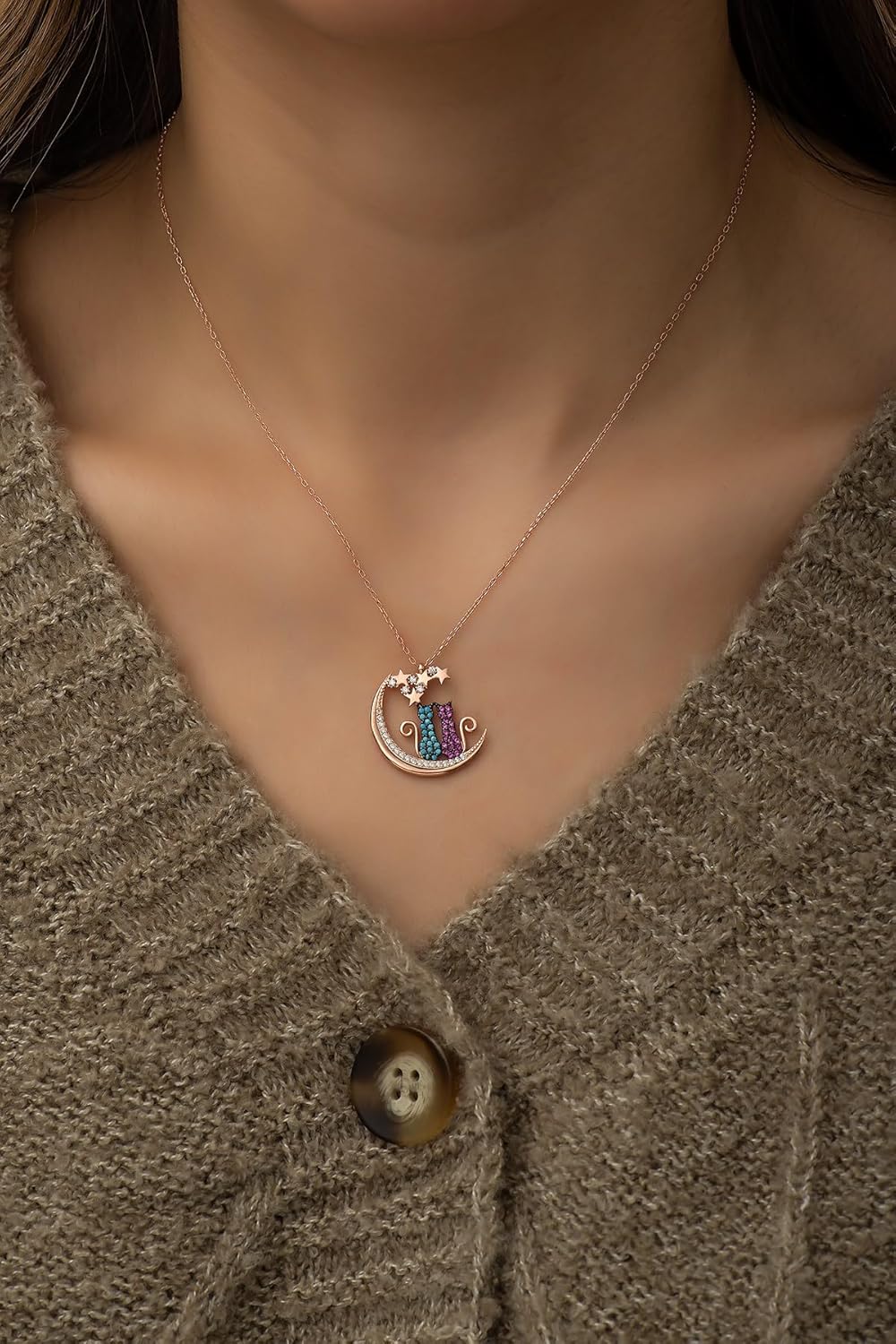 925 Ayar Ay Üstünde Oturan Aşık Çift Kedi Kadın Gümüş Kolye