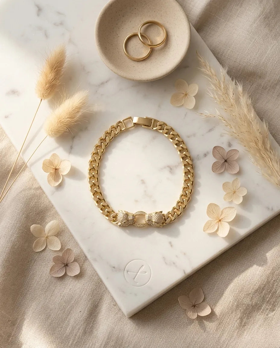 Çift Başlı Panter Zirkon Taş 14K Kaplama 316L Çelik