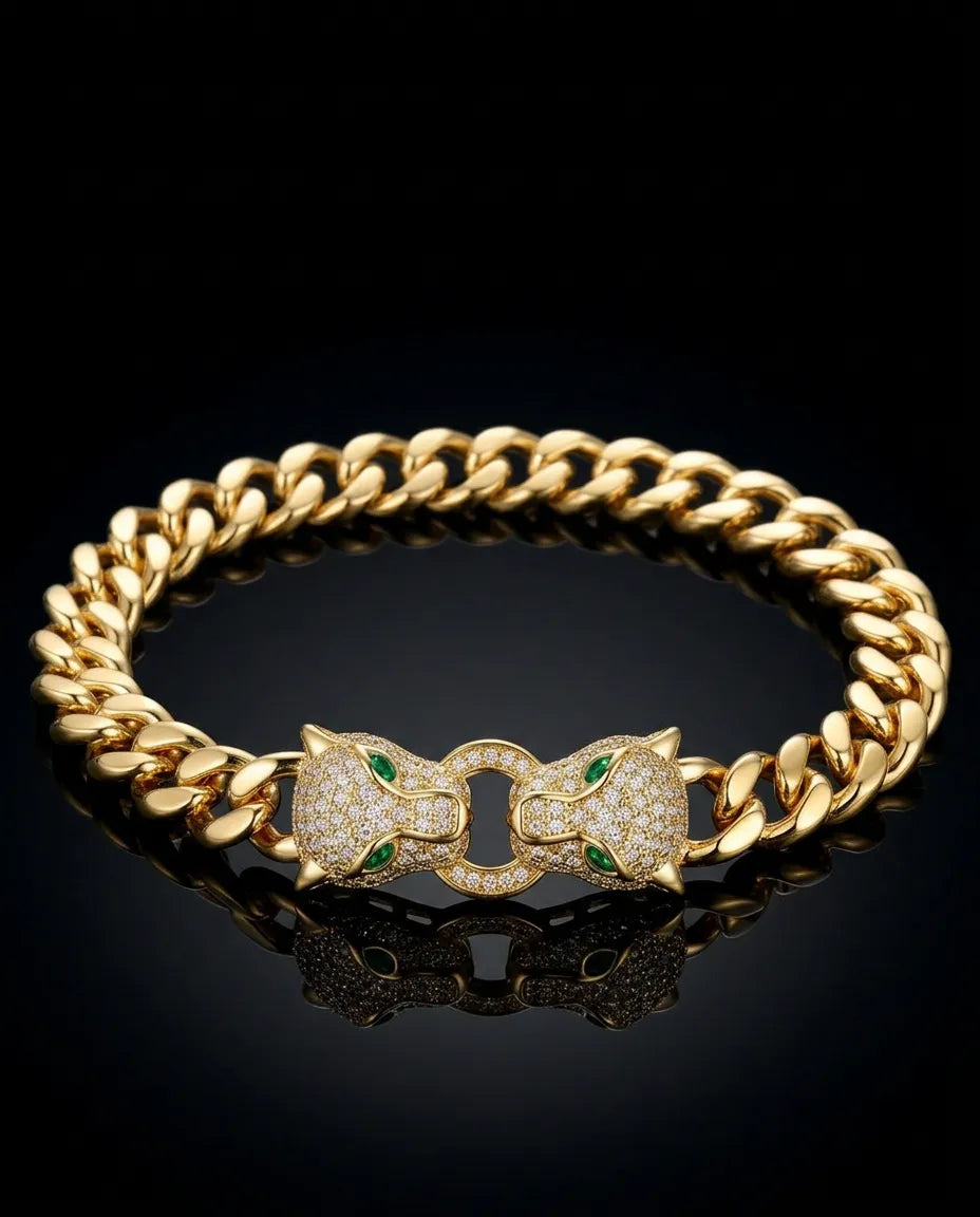 Çift Başlı Panter Zirkon Taş 14K Kaplama 316L Çelik