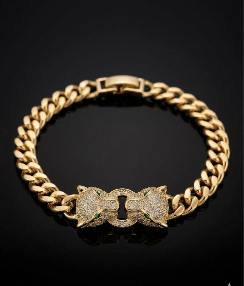 Çift Başlı Panter Zirkon Taş 14K Kaplama 316L Çelik