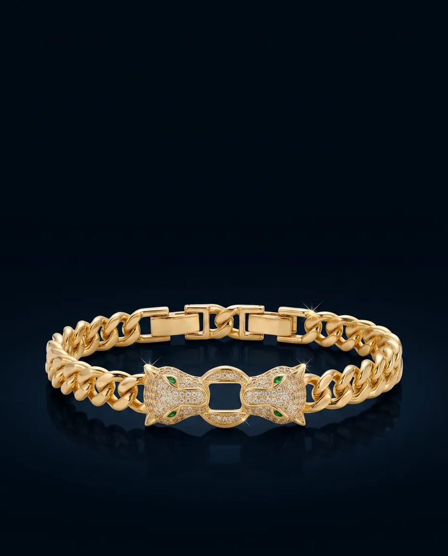 Çift Başlı Panter Zirkon Taş 14K Kaplama 316L Çelik