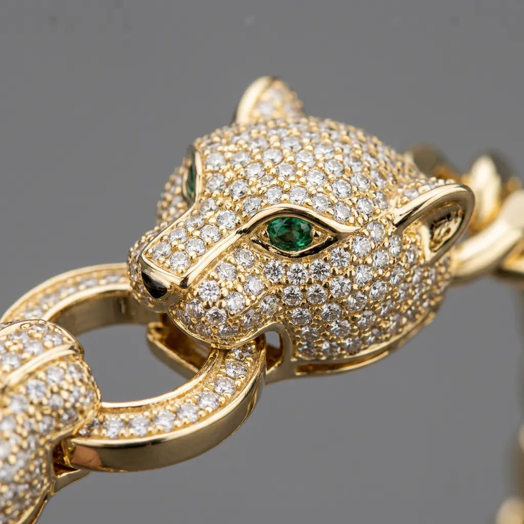 Çift Başlı Panter Zirkon Taş 14K Kaplama 316L Çelik